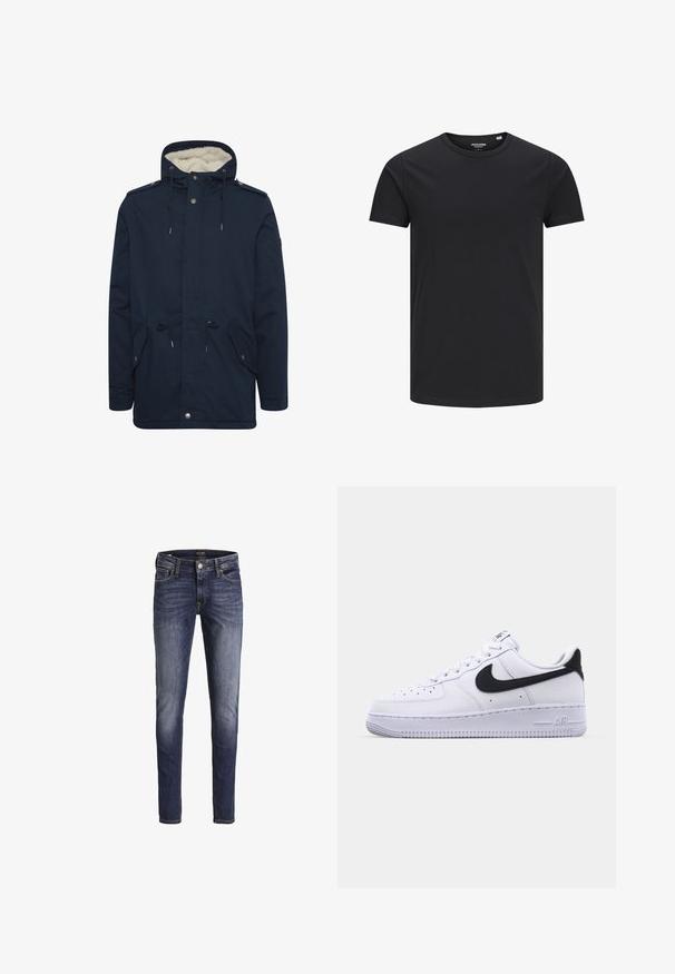 Marineblå parka-jakke med justerbar snorhætte, frontlommer og blødt indre for. Har trykknap- og lynlås-lukninger.; Sort bomulds T-shirt med rund hals, korte ærmer og et enkelt design. Glat tekstur, ingen mønstre eller synligt tilbehør.; Mørkeblå slim-fit jeans med let falmning på lår og knæ, med forlommer, bæltestropper og knaplukning.; Hvide lædersneakers med en struktureret sort Swoosh, flade snørebånd og en gummisål med et rillemønster. "AIR" er præget på hælen.