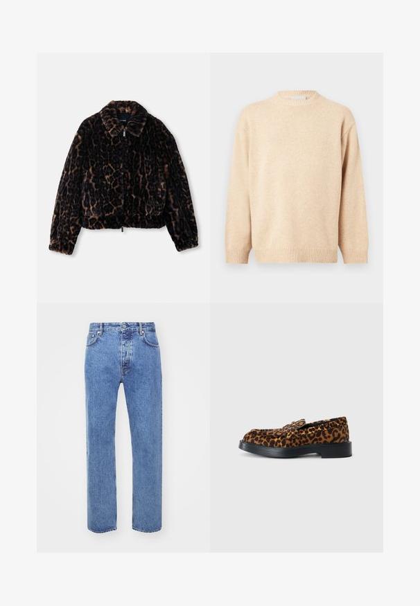 Chaqueta corta de piel sintética en marrón oscuro con estampado de leopardo, que presenta un cuello con solapa, mangas largas y un cierre frontal de cremallera.; Suéter de punto beige con mangas largas, cuello redondo y puños y dobladillo acanalados.; Won Hundred STEVE - Vaqueros boyfriend - cut blue; Mocasín con estampado de leopardo en marrón y negro, con suela negra, tacón bajo y detalle de correa en la parte superior, visto de perfil.