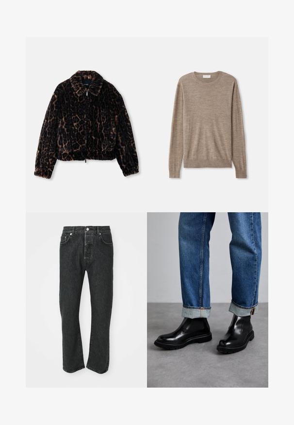 Faux-Fur-Cropped-Jacke in Dunkelbraun mit Leopardenmuster, ausgestattet mit einem krägenförmigen Ausschnitt, langen Ärmeln und einem Reißverschluss vorne.; Beiger Pullover aus feinem Strickmaterial. Mit Rundhalsausschnitt, langen Ärmeln und gerippten Bündchen sowie Saum. Einfaches und zeitloses Design.; Schwarze gerade geschnittene Jeans aus Denim mit Knopf- und Reißverschluss vorne, vorne und hinten sichtbare Taschen auf weißem Hintergrund.; Schwarze Leder-Stiefeletten mit elastischen Seitenpaneelen und strukturierten Gummisohlen, kombiniert mit umgekrempelten blauen Jeans.