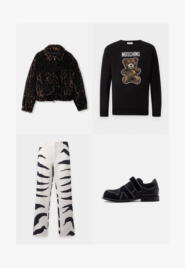 Korte jas van nepbont in donkerbruin met luipaardprint, voorzien van een kraag, lange mouwen en een ritssluiting aan de voorkant.; Zwart trui met lange mouwen met een grafiek van een bruine teddybeer en het woord "MOSCHINO" gedrukt boven de beer op de borst.; Witte broek met een zwart abstract zebraprintpatroon, rechte pijp en riemlussen aan de tailleband op een effen achtergrond.; Zwarte herenschoenen met klittenbandsluiting, veters, suède- en lederen materialen, en een lage hak tegen een effen witte achtergrond.