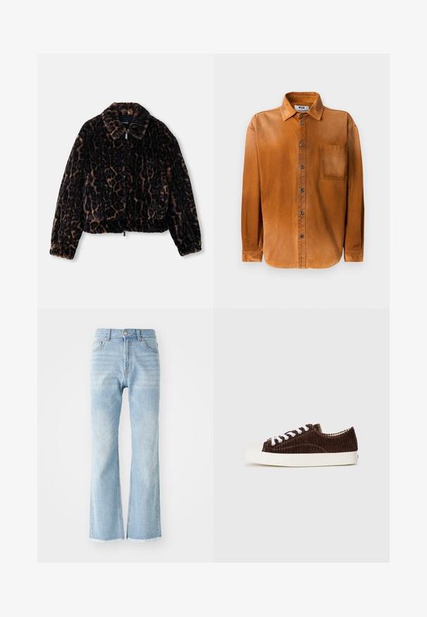 Faux fur cropped jakke i mørkebrun med leopardprint, med kravehals, lange ærmer og lynlåslukning foran.; Brun langærmet skjorte med knaplukning og krave samt brystlomme, præsenteret mod en ensfarvet hvid baggrund.; Lyseblå denimjeans med høj talje, bred benudskæring og rå kant. Har klassisk fem-lomme design og synlige syninger.; Brune corduroy lav-top sneakers med hvide snørrebånd og en hvid gummisål, vist fra siden på en lys grå baggrund.