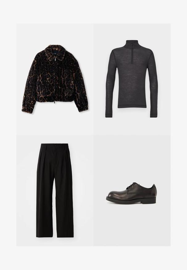 Faux-Fur-Cropped-Jacke in Dunkelbraun mit Leopardenmuster, ausgestattet mit einem krägenförmigen Ausschnitt, langen Ärmeln und einem Reißverschluss vorne.; Schwarzes Langarm-Turtleneck-Shirt aus einem strukturierten Stoff, mit einem Halbreißverschluss am Kragen und eng anliegenden Ärmeln.; Schwarze weit geschnittene Hose mit glatter Textur, zwei vorderen Falten, einem Knopfverschluss und seitlichen Taschen. Strapazierfähiger Stoff.; Schwarzer Lederschuh mit rundlicher Spitze, minimalen Nähten und niedrigem Gummisohle, mit schwarzen Schnürsenkeln befestigt.