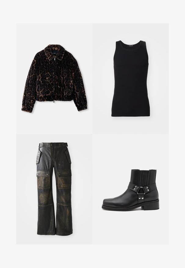 Faux fur cropped jakke i mørkebrun med leopardprint, med kravehals, lange ærmer og lynlåslukning foran.; Sort tanktop lavet af et glat, strækbart materiale. Har en rund halsudskæring og ingen ærmer, med en tætsiddende pasform og enkelt design.; Sorte læder cargo bukser med en slidt tekstur, der har store sidelommer, høj talje og kontrasterende syninger langs sømmene.; The Kooples CHAUSSURES - Cowboy- / bikerstøvlette - black