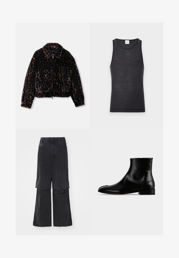Faux fur cropped jakke i mørkebrun med leopardprint, med kravehals, lange ærmer og lynlåslukning foran.; Sort ærmeløs tanktop lavet af let materiale, med en rund halsudskæring og en subtil tekstur, samt en kontrastdetalje i kanten.; Études NOCTURNE - Jeans Relaxed Fit - black washed; Sort poleret læderankelstøvle med lav hæl og sidelås, slankt og glat design på en ensfarvet lys baggrund.