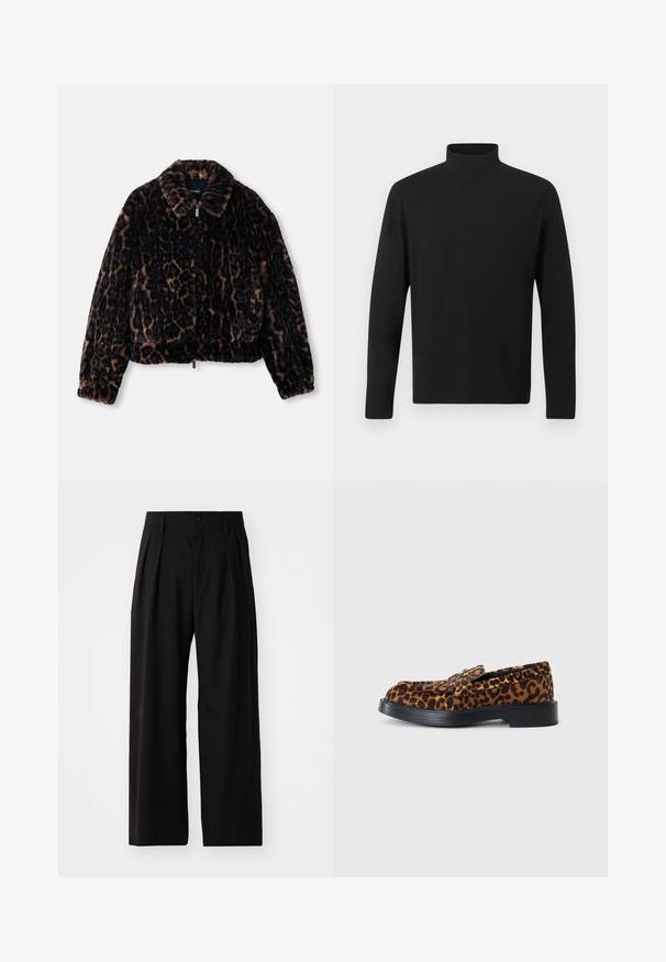 Faux-Fur-Cropped-Jacke in Dunkelbraun mit Leopardenmuster, ausgestattet mit einem krägenförmigen Ausschnitt, langen Ärmeln und einem Reißverschluss vorne.; Schwarzes Rollkragenhemd aus glattem Stoff. Hat lange Ärmel und einen hohen Kragen. Einfaches Design ohne zusätzliche Muster oder Akzente.; Schwarze weit geschnittene Hose mit glatter Textur, zwei vorderen Falten, einem Knopfverschluss und seitlichen Taschen. Strapazierfähiger Stoff.; Braun-schwarzer Leopardenmuster-Loafer mit schwarzer Sohle, niedrigem Absatz und einem Riemendetail über dem oberen Teil, seitlich dargestellt.