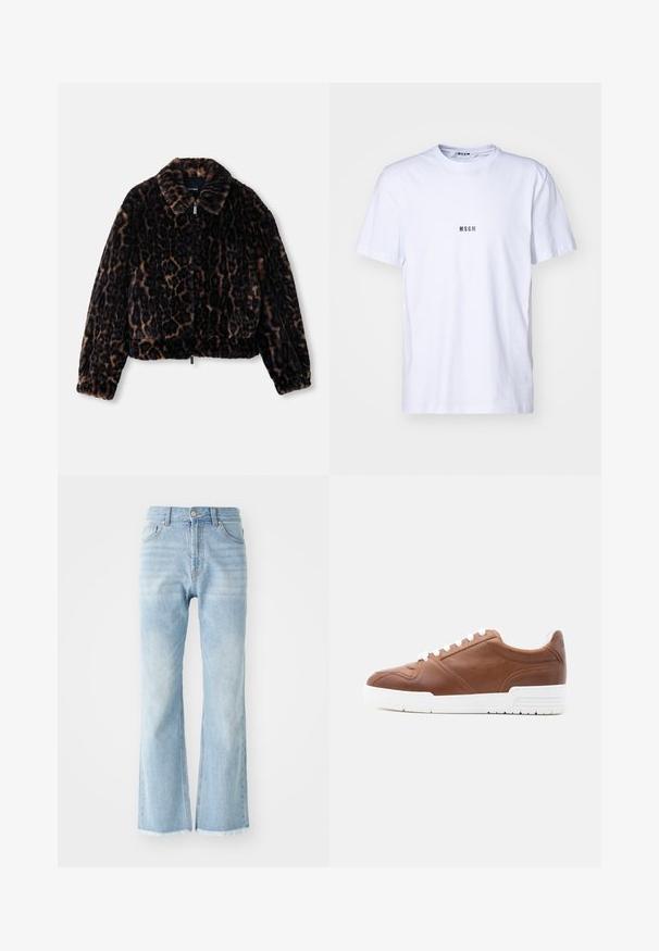 Faux fur cropped jakke i mørkebrun med leopardprint, med kravehals, lange ærmer og lynlåslukning foran.; Hvid bomulds T-shirt med rund halsudskæring, korte ærmer og et lille sort "MSGM" logo trykt på forsiden. Glat tekstur.; Lyseblå denimjeans med høj talje, bred benudskæring og rå kant. Har klassisk fem-lomme design og synlige syninger.; Lavprofil brun læder sneaker med hvide snørebånd og tyk hvid gummi sål, vist i sideprofil på ensfarvet lyse baggrund.