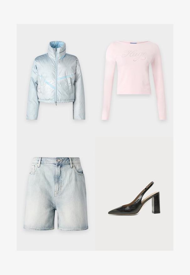 Chaqueta de plumas corta en azul claro con cuello alto, cierre de cremallera, dos bolsillos frontales y detalles de costura en azul contrastante. Textura suave.; Camiseta rosa claro de manga larga con escote barco, con el logo "Hugo" en escritura cursiva adornado con pedrería en el pecho. Tejido suave de algodón.; Pantalones cortos de mezclilla azul claro con cierre de botón, cinco bolsillos y una textura deslavada. Corte recto con un diseño clásico.; Zapato slingback de piel negra con puntera puntiaguda, tacón alto y ancho, y forro interior beige sobre un fondo claro y liso.