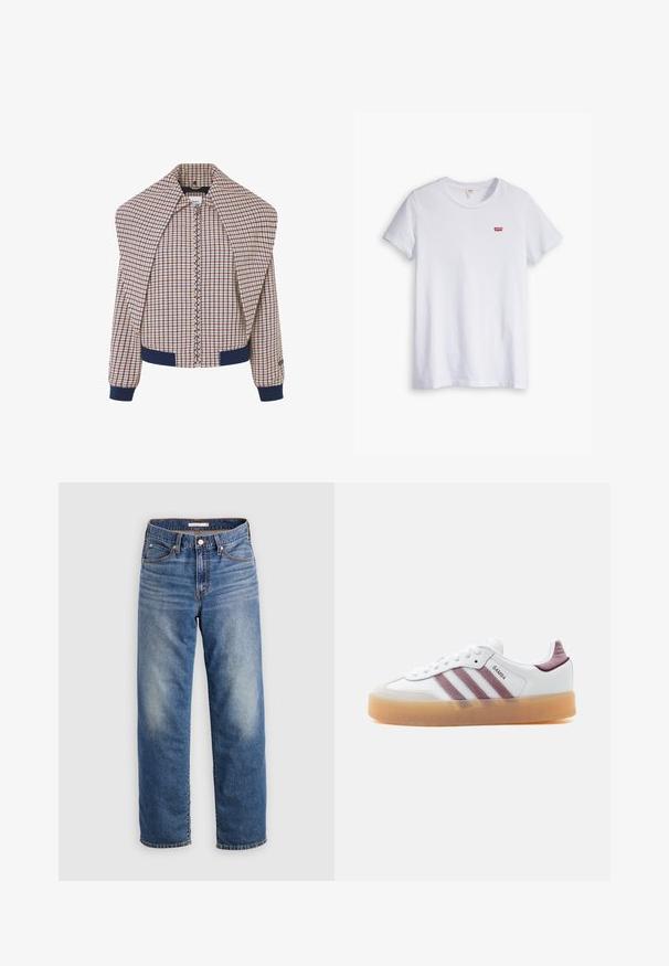 Veste de bombardier à carreaux avec fermeture éclair sur le devant, finitions marines aux poignets et au col. Tissu principal avec un motif crème, rouge et bleu. Texture douce.; T-shirt en coton blanc à manches courtes et col rond. Présente un petit logo rouge Levi's sur la partie gauche de la poitrine.; Jean en denim bleu clair à coupe droite, avec braguette à boutons, poches avant et décoloration subtile près de la cuisse.; Baskets basses blanches avec semelle en gomme marron, bandes en suède mauve et accents au talon, portant la mention "SAMBA" sur le panneau latéral.