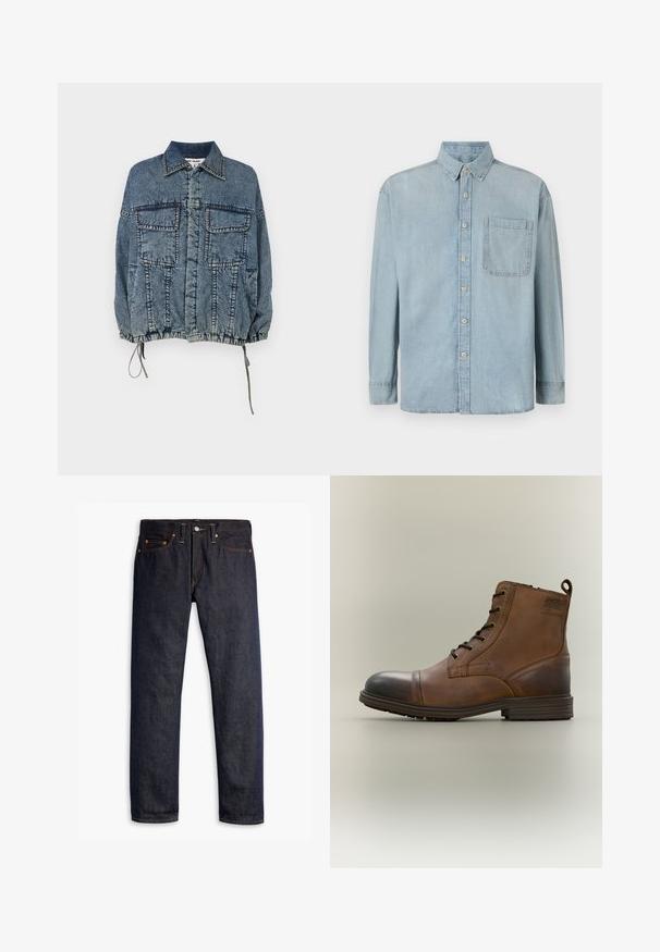 Jeansjacke mit einem kragenförmigen Ausschnitt, zwei Vorderentaschen, elastischem Saum und Ärmelbündchen, in einem verblassten blauen Farbton mit ausgeprägten Nähdetails.; Hellblaue Denim-Hemd mit langen Ärmeln, Knopfleiste und einer einzelnen Brusttasche. Verfügt über einen klassischen Kragen und Standardmanschetten.; Dunkelblaue Jeans aus Denim mit geradem Schnitt, fünf Taschen-Design, kupfernen Nieten, gelben Nähten und einem ausgeprägten strukturierten Stoff.; Brauner Leder-Schnürstiefel bis zum Knöchel mit schwarzer Zehenkappe, runder Sohle und Markenlabel an der Seite vor schlichtem Hintergrund.