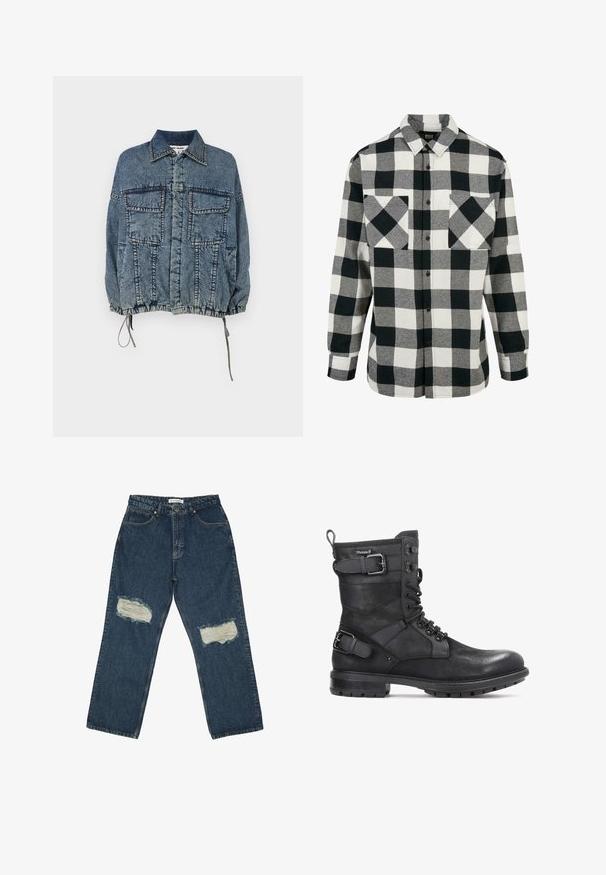 Denim jakk, millel on kraega kaelus, kaks esist askut, elastne hem ja mansetid, pleekinud sinises pesus ning selged õmblusdetailid.; Mustvalge flanellist särk, millel on suur ruuduline muster, pikad varrukad, nööbiga esiosa ja kaks rinna taskut. Valmistatud pehmest kangast.; Sinine teksapüksid lõdva sobivusega, millel on kaks kulunud põlvepatent ja klassikaline viie tasku disain kontrastsete õmblustega.; Kazar HEARD - Kauboi/mootorratturi poolsaapad - black