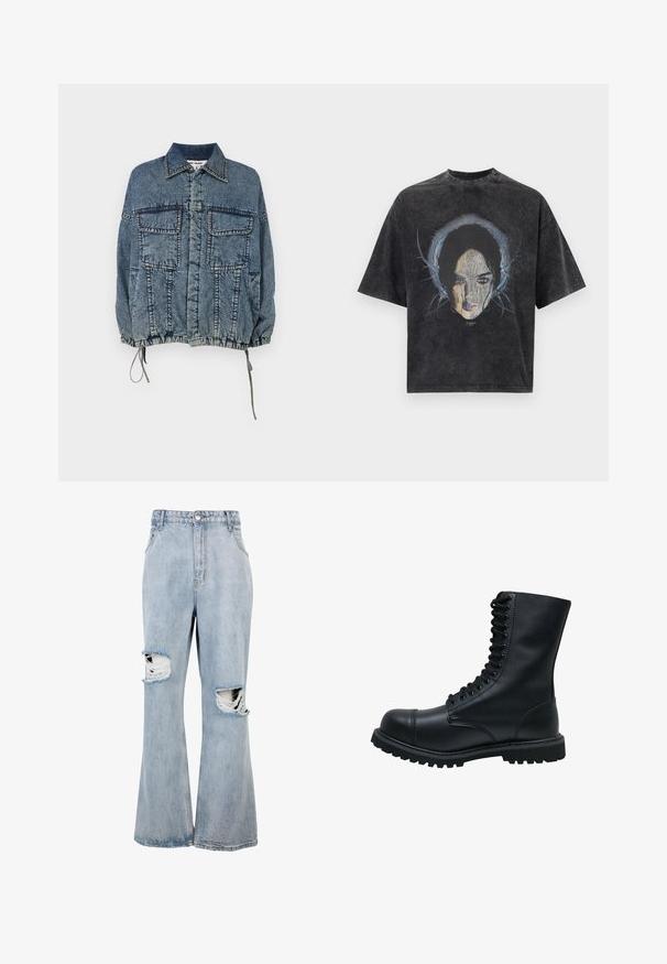 Jeansjacke mit einem kragenförmigen Ausschnitt, zwei Vorderentaschen, elastischem Saum und Ärmelbündchen, in einem verblassten blauen Farbton mit ausgeprägten Nähdetails.; Übergroßes dunkelgraues T-Shirt mit einem Grafikmuster eines Frauenkopfes und abstrakten blauen Linien, die ihren Kopf umgeben.; Hellblaue Jeans aus Denim mit hoher Taille, weitem Bein und auffälligen, stark ausgefransten Löchern auf beiden Knien, mit ausgefransten Rändern um die Risse.; Schwarze Leder Schnürstiefel mit runder Zehenkappe, hohem Schaft, dicker Gummisohle und texturierter Oberfläche. Enthält verstärkte Nähte entlang der Nähte.