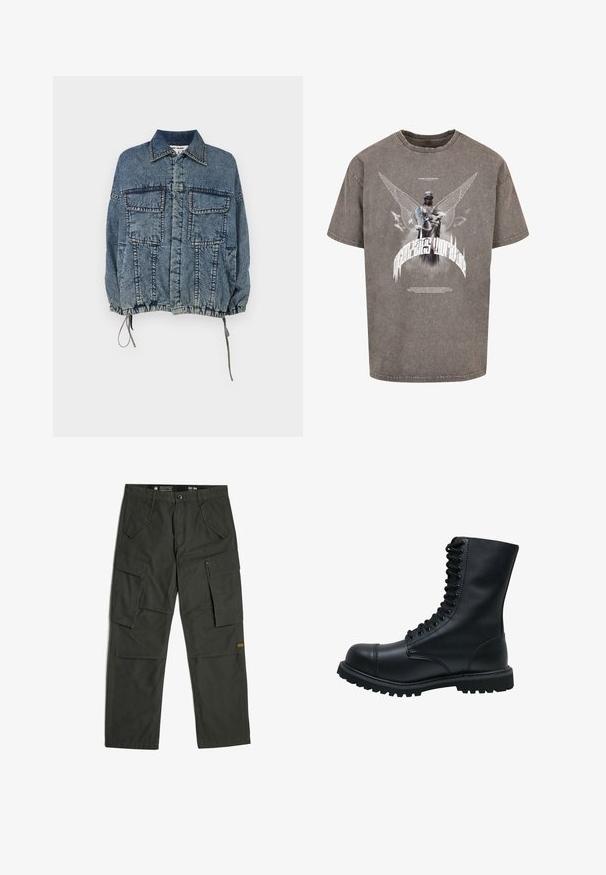 Jeansjacke mit einem kragenförmigen Ausschnitt, zwei Vorderentaschen, elastischem Saum und Ärmelbündchen, in einem verblassten blauen Farbton mit ausgeprägten Nähdetails.; Graues, übergroßes T-Shirt aus Baumwolle mit einem grafischen Aufdruck einer geflügelten Statue und stilisiertem Text auf der Vorderseite.; Dunkelgrüne Cargohose mit Knopfverschluss, zwei schrägen Vordertaschen und zwei großen seitlichen Klappentaschen an jedem Bein.; Schwarze Leder Schnürstiefel mit runder Zehenkappe, hohem Schaft, dicker Gummisohle und texturierter Oberfläche. Enthält verstärkte Nähte entlang der Nähte.