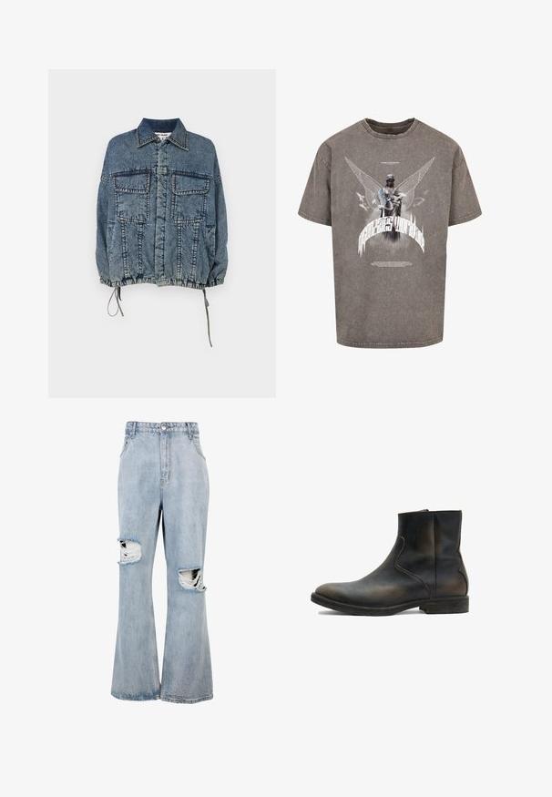 Jeansjacke mit einem kragenförmigen Ausschnitt, zwei Vorderentaschen, elastischem Saum und Ärmelbündchen, in einem verblassten blauen Farbton mit ausgeprägten Nähdetails.; Graues, übergroßes T-Shirt aus Baumwolle mit einem grafischen Aufdruck einer geflügelten Statue und stilisiertem Text auf der Vorderseite.; Hellblaue Jeans aus Denim mit hoher Taille, weitem Bein und auffälligen, stark ausgefransten Löchern auf beiden Knien, mit ausgefransten Rändern um die Risse.; AllSaints LANG - Stiefelette - brown