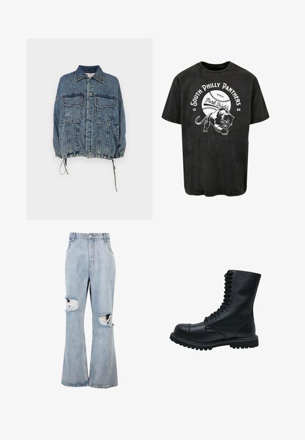 Jeansjakke med krave, to frontlommer, elastisk kant og manchetter, i en falmet blå vask med markante syninger.; Sort bomulds t-shirt med korte ærmer, der har en grafik af en panter og teksten "South Philly Panthers" med et baseballdesign.; Lyseblå cowboybukser med høj talje, vide ben og markante slidte huller på begge knæ samt flossede kanter omkring hullerne.; Sort læder snørebåndsstøvle med rund tå, høj skaft, tyk gummisål og struktureret overflade. Har forstærket syning langs sømmene.