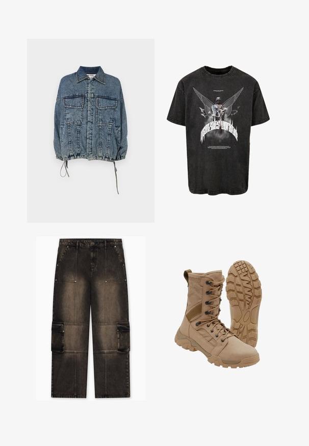 Chaqueta de mezclilla con cuello, dos bolsillos frontales, dobladillo y puños elásticos, en un lavado azul desgastado con detalles de costura definidos.; Camiseta negra de gran tamaño hecha de denim, con un gráfico de una estatua con alas y texto, y una textura ligeramente desgastada.; Pantalones cargo en denim marrón oscuro con acabado desgastado, que cuentan con dos bolsillos laterales, costuras reforzadas y detalles de broches en la cintura.; Bota táctica color beige con diseño de cordones hasta la altura del tobillo y suela de goma resistente, una bota en posición vertical y la otra mostrando el patrón de la suela.