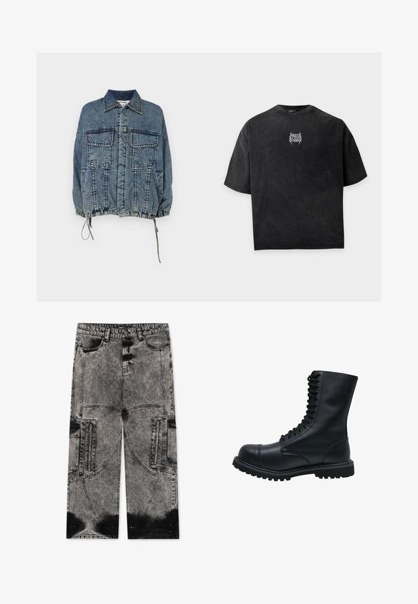 Jeansjakke med krave, to frontlommer, elastisk kant og manchetter, i en falmet blå vask med markante syninger.; Sort oversize t-shirt med korte ærmer og lille hvid indviklet logo tekst centreret på brystet med teksten "SEVEN STUDIOS".; FAVELA BIG POCKET - Loose-jeans - black acid washed; Sort læder snørebåndsstøvle med rund tå, høj skaft, tyk gummisål og struktureret overflade. Har forstærket syning langs sømmene.
