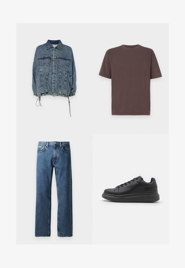 Denim takki, jossa on kauluskäytävä, kaksi etutaskua, elastinen helma ja hihansuut, haalistuneessa sinisessä pesussa, jossa on tarkat ompeluyksityiskohdat.; Ruskea puuvillainen T-paita pyöreällä pääntiellä ja lyhyillä hihoilla, rento istuvuus ja sileä pinta, minimaalinen koristelu.; Siniset suorat farkut korkealla vyötäröllä, nappi- ja vetoketjukiinnitys, etutaskut sekä pieni valkoinen brändilogo oikeassa taskussa.; Jack & Jones Trainers Trainers - Matalavartiset tennarit - black