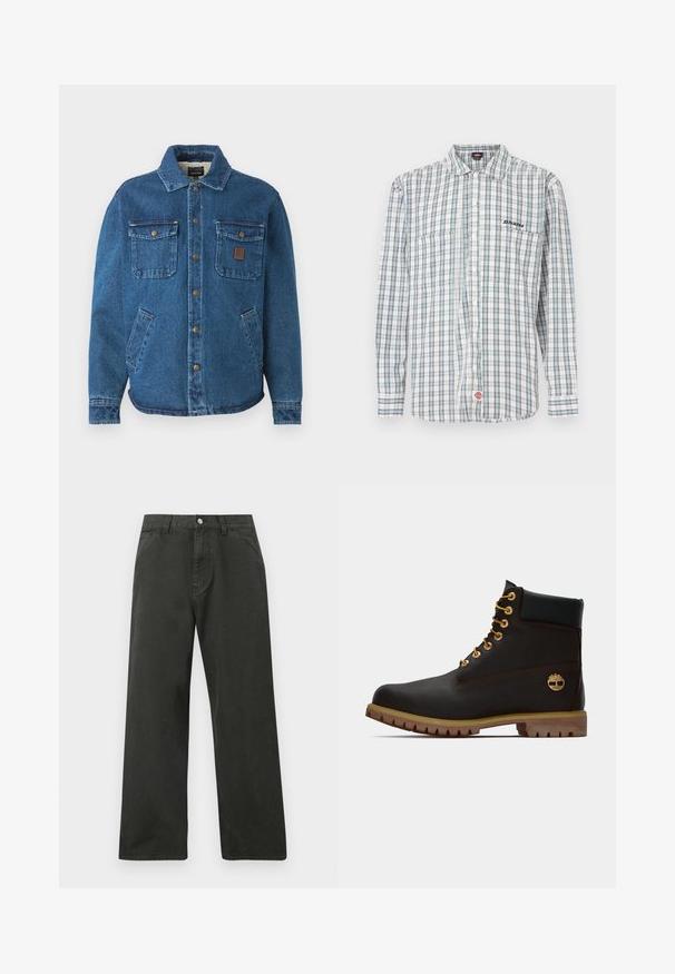 Blauwe denimjack met twee knoopzakken op de borst, zijzakken, een kraag en metalen drukknoopjes aan de voorkant.; Geruite overhemd met knopen in wit, groen en blauw. Heeft lange mouwen, een kraag, twee borstzakken en een geborduurd logo op de borst.; Zwarte broek met rechte pijpen, voorkantzakken, lussen voor een riem en een knoopsluiting in de taille.; Zwarte leren enkellaars met gouden oogjes, bruine accenten en een rubberen zool. Heeft een gevoerde kraag en geperst logo aan de zijkant.