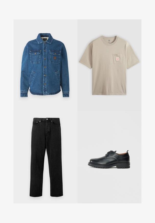 Blauwe denimjack met twee knoopzakken op de borst, zijzakken, een kraag en metalen drukknoopjes aan de voorkant.; Beige katoenen T-shirt met korte mouwen en een borstzakje met een klein rood-wit label, getoond tegen een effen achtergrond.; Zwarte spijkerbroek van denim met een rechte pijpontwerp, voorzien van vijf zakken, een metalen knoopsluiting en subtiele vervaging op de stof.; Zwarte leren derby schoenen met een gladde textuur, ronde neus, vetersluiting en een dikke, robuuste rubberen zool.