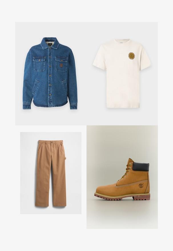 Blauwe denimjack met twee knoopzakken op de borst, zijzakken, een kraag en metalen drukknoopjes aan de voorkant.; Off-white T-shirt met korte mouwen en een klein geel-bruin zonembleem op het linkerborstgebied, afgebeeld tegen een effen achtergrond.; Beige katoenen broek met rechte pijpen, uitgevoerd met zijzakken en een zijvak voor gereedschap. De stof heeft een gladde en stevige textuur.; Bruine leren enkellaars met zwarte kraag, gele veters en een zandkleurige zool. Voorzien van een logo en witte stikseldetails. Robuuste loopzool met grip.