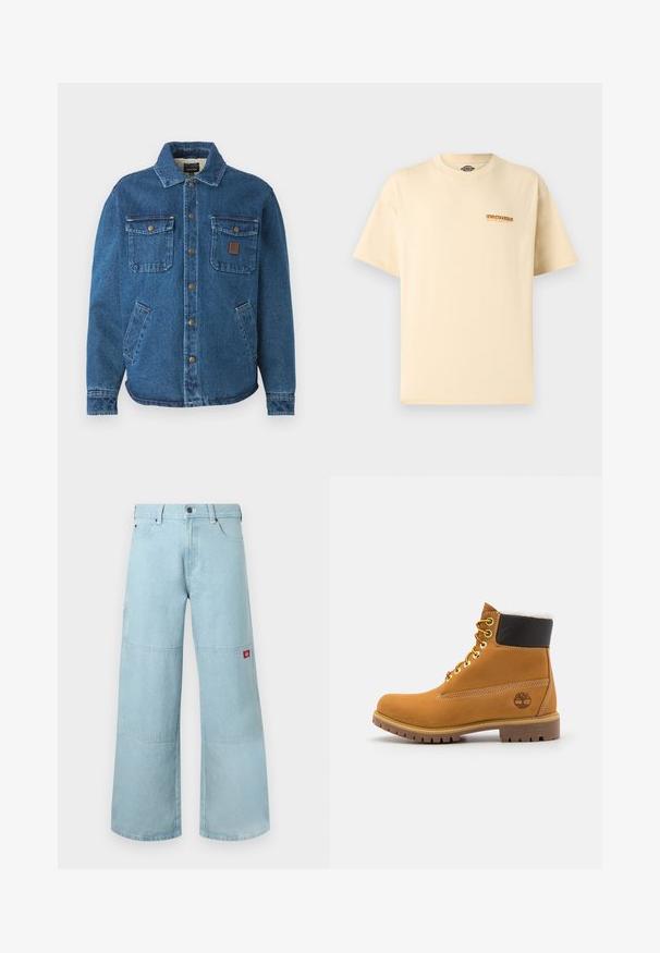 Blauwe denimjack met twee knoopzakken op de borst, zijzakken, een kraag en metalen drukknoopjes aan de voorkant.; Beige korte mouwen Dickies t-shirt met een klein oranje-zwart logo op de linkerborst, ronde hals, eenvoudige uitvoering.; Lichtblauwe jeans met wijde pijpen van denim met contrasterende patches. Voorzien van een knoopsluiting aan de voorkant en een klein logoplaatje op het zijzakje.; Bruine leren enkellaars met metalen oogjes, witte faux bont voering, zwarte gewatteerde kraag, robuuste zool en een reliëflogo aan de zijkant.