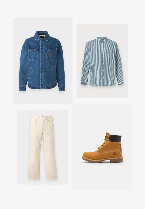 Blauwe denimjack met twee knoopzakken op de borst, zijzakken, een kraag en metalen drukknoopjes aan de voorkant.; Heren overhemd met lange mouwen, knoopsluiting, verticale groene en witte strepen en een borstzak, plat gelegd op een lichte achtergrond.; Beige broek met rechte pijpen, voorzakken, riemlussen, knoopsluiting en ritssluiting, weergegeven tegen een effen achtergrond.; Bruine leren enkellaars met metalen oogjes, witte faux bont voering, zwarte gewatteerde kraag, robuuste zool en een reliëflogo aan de zijkant.