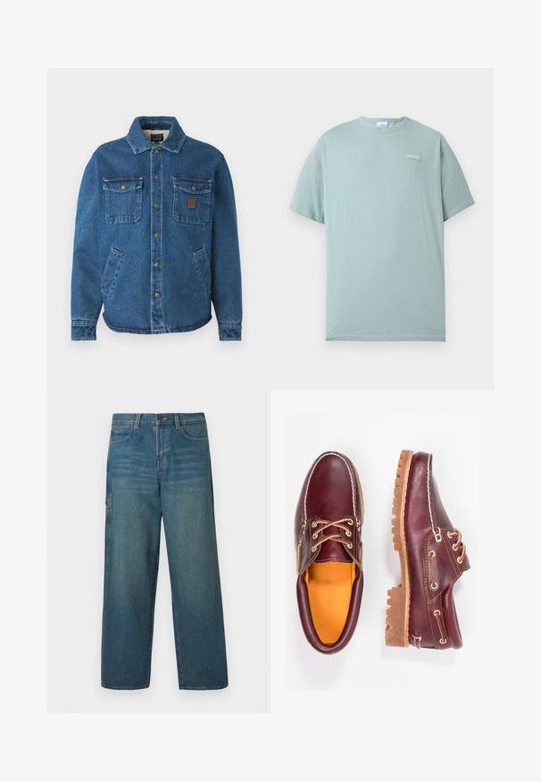 Blauwe denimjack met twee knoopzakken op de borst, zijzakken, een kraag en metalen drukknoopjes aan de voorkant.; Lichtblauw T-shirt met korte mouwen en ronde hals, met een klein wit Columbia-logo op de linkerborst, tegen een effen witte achtergrond.; Denim jeans in middelblauw met een losse pasvorm, rechte pijpen en een klassiek ontwerp met vijf zakken. Voorzien van riemlussen en een knoopsluiting.; Bordeaux leren schoenen met bruine rubberen zolen, ronde neus, witte stiksels en gouden veterogen. Het interieur heeft een gele voering.