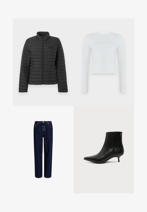 Veste matelassée noire avec manches longues, col montant et fermeture éclair sur le devant, présentée sur un fond clair et uni.; Haut court blanc à manches longues en maille côtelée, avec col rond et petit logo Calvin Klein centré sur la poitrine.; Jeans en denim bleu foncé avec une coupe droite, dotés d'une taille haute, d'un style à cinq poches et de coutures contrastantes. Sans embellissements.; Bottine en cuir noir avec bout pointu et petit talon kitten sur fond clair, vue côté extérieur.