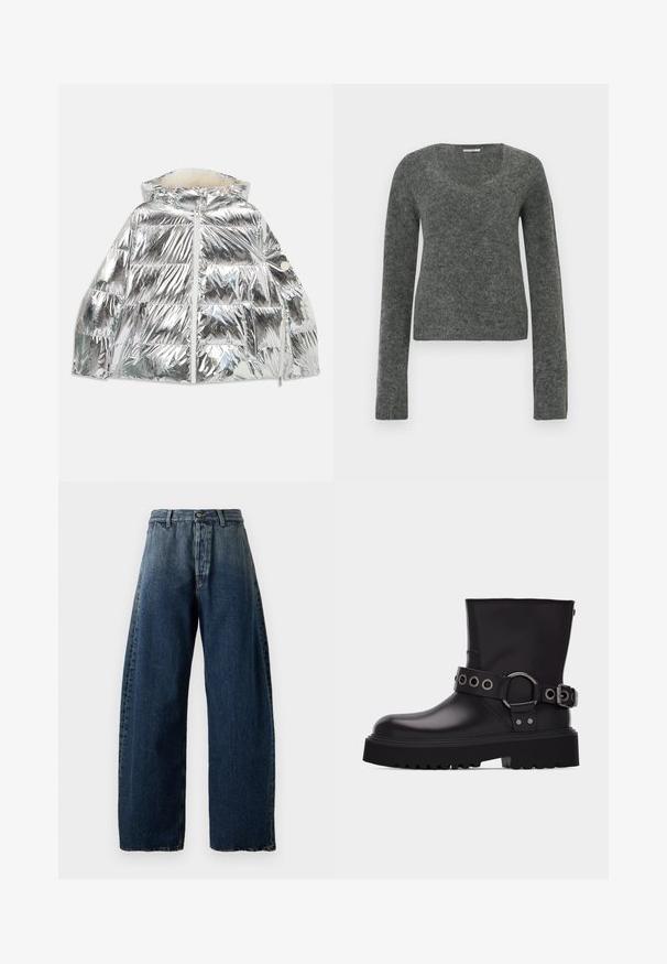 Silberner metallischer Pufferjacke mit Kapuze, Front-Reißverschluss und Lammfell-Futter, flach auf einem weißen Hintergrund präsentiert.; Grau, langärmliger Pullover aus weichem, strukturiertem Stoff mit weitem, rundem Ausschnitt und figurbetonter Silhouette.; Dunkelblaue Jeans aus Denim mit hohem Bund, weitem Bein, Knopf- und Reißverschluss, Gürtelschlaufen und subtiler verwaschener Textur.; Schwarzer Lederstiefel bis zur Mitte der Wade mit dicker Profilsohle, dekorativem Riemen mit silbernen Metallösen und Schnalle an der Seite.