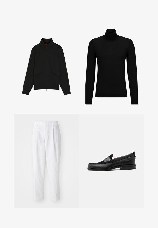 Must must trukiga lukuga jope, millel on staatusekrae, nupuga kaetud taskud, soonikkoes mansetid ja alumine serv, kujutatud valgel taustal.; Musthave muströid ja pehmest materjalist must turtleneck, millel on pikad varrukad ja tihe istuvus. Ribaga ääris allservas ja vöökohal. Lihtne disain.; Valged pleeditud püksid kõrge vöökoht ja lühendatud pikkus, millel on sile tekstuur ja puhtad jooned. Puuduvad nähtavad metallosad või mustrid.; Must nahast loafer halli rihma detailiga, madala kand ja tekstuurse tallaga, külgedel kuldse "HUGO" brändiga.