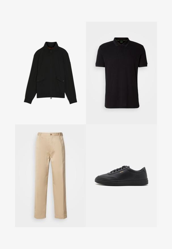 Chaqueta negra con cremallera y cuello alto, bolsillos con solapa y botones, puños y dobladillo acanalados, mostrada sobre fondo blanco.; Polo negro hecho de una tela suave, con un collar clásico, tapeta de tres botones y un logo bordado en el pecho.; Pantalones beige hechos de una tela ligera, con un diseño de pierna recta, cinturilla con trabillas y un solo botón en la parte frontal.; Zapatillas de cuero negro con una textura suave, punta redondeada, suela plana de goma y cordones a tono. Presentan el logotipo dorado "BOSS" en el lateral.
