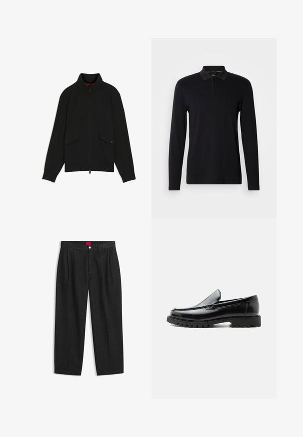 Schwarze Reißverschlussjacke mit Stehkragen, Pattentaschen mit Knöpfen, gerippten Bündchen und Saum, dargestellt vor weißem Hintergrund.; Schwarzes Langarm-Polohemd aus glattem Stoff. Verfügt über einen Kragen, eine Dreiknopfleiste und ein dezentes Logo auf der Brust.; Schwarze Hose mit hoher Taille, vorderen Falten, Gürtelschlaufen, Knopf- und Reißverschluss sowie einem roten Etikett innen am Bund.; Schwarzer Lederloafer mit grober Gummisohle, genähter Oberseite und geprägtem Markennamen an der Ferse, seitlich auf weißem Hintergrund gezeigt.