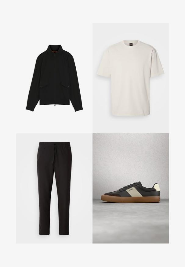 Sort lynlåsjakke med opretstående krave, klaplommer med knapper, ribstrikkede ærmeafslutninger og kant, vist på hvid baggrund.; Kortærmet, crew-neck t-shirt i off-white bomuld med lige snit og minimal branding på kraven. Blød tekstur, uden mønstre.; Sorte joggebukser lavet af glat stof. Har en elastisk talje med snor, tætsiddende ben og ingen synlige lommer. Enkel design.; Sort og brun sneaker med beige stribe og "BOSS"-logo, svævende over gråt betongulv og baggrund med glassblokvæg.