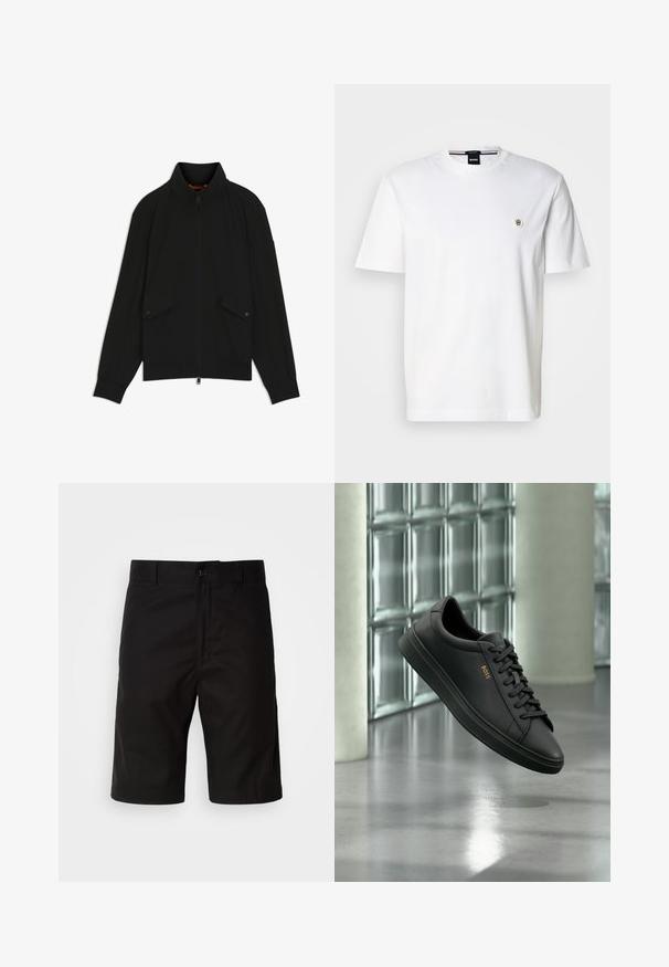 Schwarze Reißverschlussjacke mit Stehkragen, Pattentaschen mit Knöpfen, gerippten Bündchen und Saum, dargestellt vor weißem Hintergrund.; Weißes Baumwoll-T-Shirt mit rundem Ausschnitt, kurzen Ärmeln und kleinem Logo auf der linken Brust. Glatte Textur, klassischer Schnitt.; Schwarze Shorts aus festem Stoff, mit geradem Schnitt, Knopfverschluss und glatter Textur ohne sichtbare Muster.; Schwarzer flacher Ledersneaker mit schwarzen Schnürsenkeln und goldenem BOSS-Logo an der Seite, schwebend über einem glänzenden grauen Boden in einem modernen Innenraum.