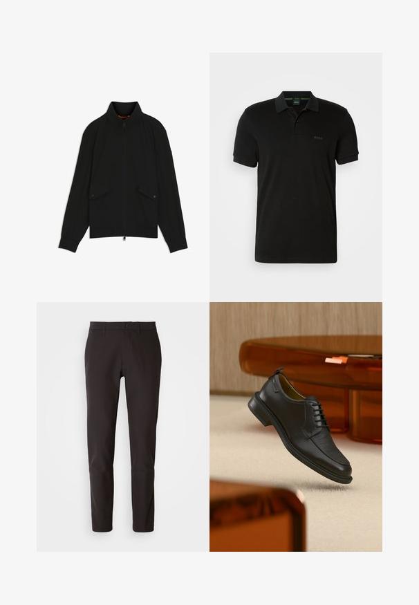 Zwarte jas met ritssluiting en opstaande kraag, klepzakken met knopen, geribbelde manchetten en zoom, getoond op een witte achtergrond.; Zwarte poloshirt van katoen, met een tweeknoopssluiting, korte mouwen en een subtiel logo aan de linkerkant. Glad stoftextuur.; Zwarte broeken van gladde stof, met een rechte snit, een standaard tailleband met een knoopsluiting, en zonder zichtbare zakken of patronen.; Zwarte leren veterschoen in de stijl van een nette schoen met een gestructureerd vooraanzicht, zwevend boven een beige tapijt in een moderne kamer met amberkleurige meubelen.