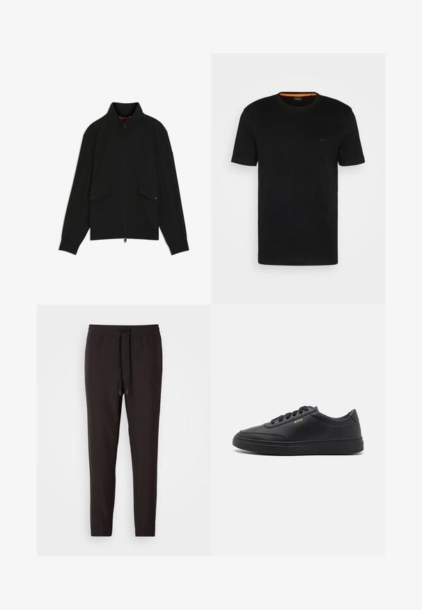 Schwarze Reißverschlussjacke mit Stehkragen, Pattentaschen mit Knöpfen, gerippten Bündchen und Saum, dargestellt vor weißem Hintergrund.; Schwarzes, kurzärmeliges T-Shirt aus weichem Stoff, mit rundem Ausschnitt und einem dezenten Logo auf der Vorderseite. Der Innensaum hat einen orangefarbenen Akzent.; Schwarze Jogginghosen aus weichem Material, mit einem elastischen Bund und Kordelzug, schmal zulaufenden Beinen und ohne sichtbare Muster oder Verzierungen.; Schwarze Leder-Sneaker mit glatter Textur, runder Zehenpartie, flacher Gummisohle und einfarbigen Schnürsenkeln. Mit goldfarbenem "BOSS" Logo an der Seite.