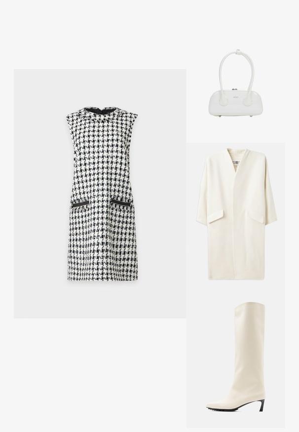 Crème-kleurige middellange jas met een ontspannen pasvorm, kimono-stijl mouwen en twee voorzakken. Zacht, gladde stof, minimalistisch ontwerp.; Mouwloze zwart-witte pied-de-poule jurk met een ronde halslijn en twee voorzakken met rits.; Witte laars tot aan de knie, gemaakt van glad materiaal met een spits toelopende neus en een slanke zwarte hak. Heeft een strak ontwerp en minimale branding.; Witte handtas van lakleer met dubbele afgeronde handvatten, zilverkleurige ritsluiting en subtiel "estro"-logo aan de voorkant.