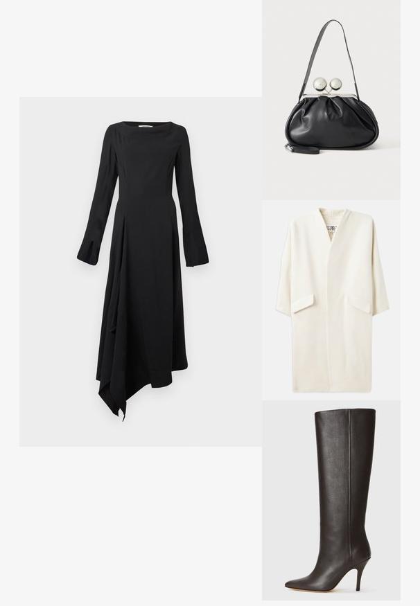 Crème-kleurige middellange jas met een ontspannen pasvorm, kimono-stijl mouwen en twee voorzakken. Zacht, gladde stof, minimalistisch ontwerp.; Zwarte jurk met lange mouwen, een rechte halslijn, een asymmetrische zoom en een glad, vloeiend stof. Beschikt over een minimalistisch ontwerp.; Zwarte leren kniehoog laars met een spitse neus, strak ontwerp en een dunne hoge hak. Gladde textuur en minimale detaillering.; Zwarte leren handtas met een geplooid ontwerp, een enkele schouderband, zilverkleurige metalen omlijsting en twee grote ronde zilveren sluitingen.