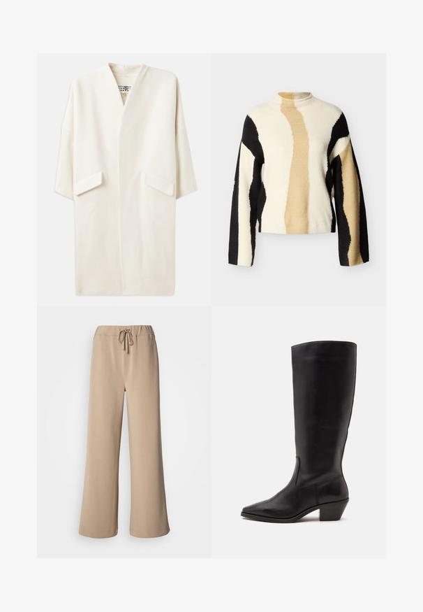 Crème-kleurige middellange jas met een ontspannen pasvorm, kimono-stijl mouwen en twee voorzakken. Zacht, gladde stof, minimalistisch ontwerp.; Gebreide trui met abstracte golfpatronen in zwart, beige en crème. Hoge halslijn en lange mouwen. Zachte, gestructureerde stof.; Beige wijde broek met elastische tailleband en trekkoord. Gemaakt van zachte stof met een gladde textuur, voorzien van een gestikte zoom.; Zwarte leren laars tot half op de kuit met een puntige neus en een lage schuine hak op een effen lichte achtergrond.