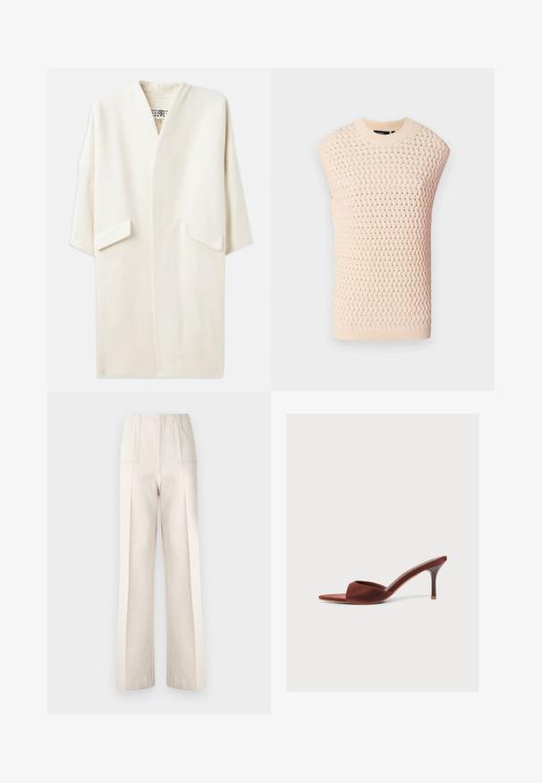 Kreemjas toonis keskmise pikkusega jakk, lõdva lõikega, kimono stiilis varrukatega ja kahe eesoleva taskuga. Pehme, sile kangas, minimalistlik disain.; Kootud ilma varrukateta top helebeežis, millel on tekstureeritud kangamuster, ribaga kaelus ja ääred, sirge siluett ja avatud küljed.; Beežid laiad püksid kõrge vööpüksiga, kahe esipocketiga ja nähtavate õmblusteadete detailidega. Valmistatud siledast, kergest kangast.; Pruun satiinist avatud varbaga mule-kinga koos saleda keskmise kõrgusega kontsa ja libisemiskujundusega ühtlasel heledal taustal.