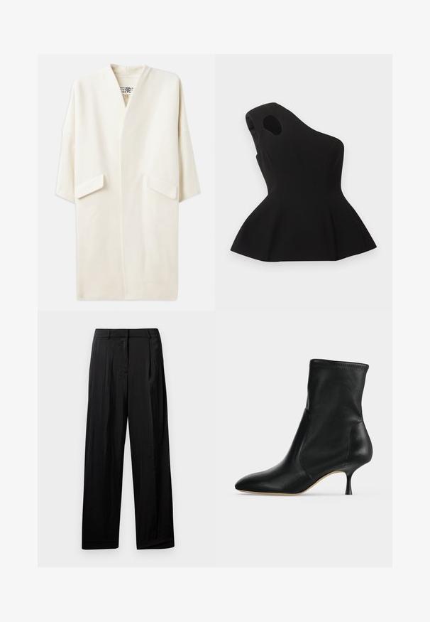 Crème-kleurige middellange jas met een ontspannen pasvorm, kimono-stijl mouwen en twee voorzakken. Zacht, gladde stof, minimalistisch ontwerp.; Zwarte asymmetrische mouwloze top met een uitsnijding bij de schouder en een uitlopende peplum zoom, plat gelegd op een lichte achtergrond.; Zwarte, wijde broek met een gladde stofstructuur, met voorplooien, riemlussen en een ritsgulp.; Zwarte leren enkellaars met spitse neus en smalle hak van middelhoge hoogte, zijaanzicht op een lichte achtergrond.