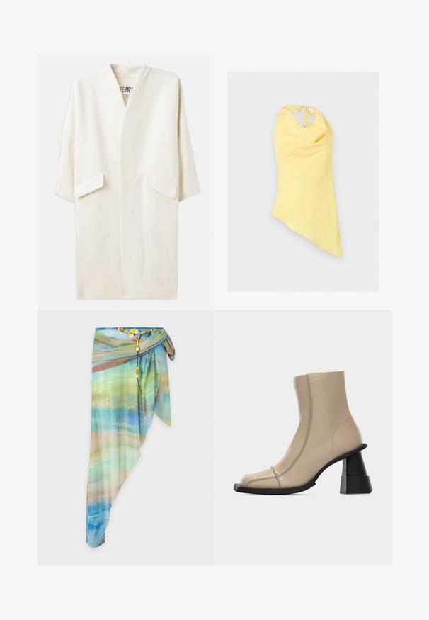 Crème-kleurige middellange jas met een ontspannen pasvorm, kimono-stijl mouwen en twee voorzakken. Zacht, gladde stof, minimalistisch ontwerp.; Mouwloos geel haltertopje met asymmetrische zoom en strikjes bij de hals, weergegeven op een witte achtergrond.; Asymmetrische doorzichtige wikkelrok met blauw, groen en beige gradientpatroon, vastgemaakt met een decoratieve kralenriem en ronde gesp.; Beige leren enkellaars met vierkante neus, zichtbare stiksels en een stevige zwarte gevormde blokhak op een witte achtergrond.