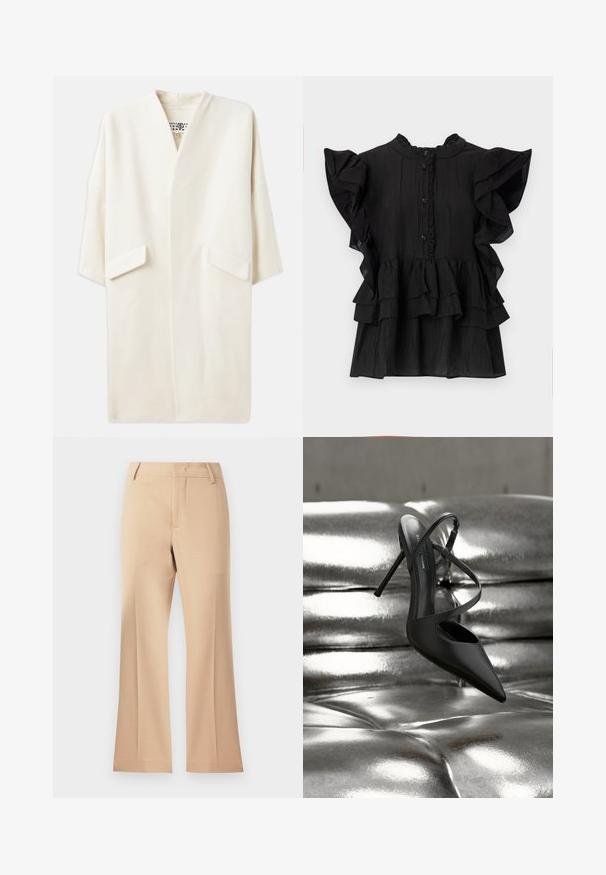 Kreemjas toonis keskmise pikkusega jakk, lõdva lõikega, kimono stiilis varrukatega ja kahe eesoleva taskuga. Pehme, sile kangas, minimalistlik disain.; Mustmust lühikese varrukaga pluus, millel on rippuvad aksessuaarid, vertikaalne tekstuur ja nööbiga sulgemine. Omab kõrget kaelust ja kihilisi frille allääres.; Beezhivärvi laiad püksid siledast materjalist, keskmise kõrgusega talje ja puhaste eesplekkidega. Lihtne disain, ilma nähtavate ääristeta.; Mustad terava varbaga tikk-kontsaga king, millel on risti ristatud rihmad, toodud läikival hõbedasel tuftnahal.