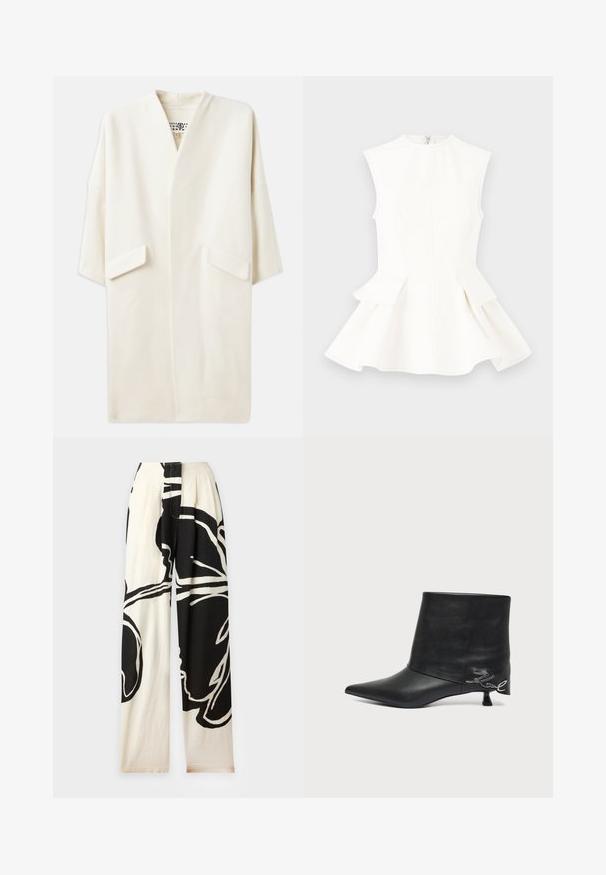 Crème-kleurige middellange jas met een ontspannen pasvorm, kimono-stijl mouwen en twee voorzakken. Zacht, gladde stof, minimalistisch ontwerp.; Witte mouwloze top met peplumontwerp, gestructureerde stof en een rits aan de achterkant. Gladde textuur, ronde halslijn en getailleerde pasvorm.; Loszittende zwart-witte broek met gedurfd abstract bloemenpatroon, hoge taille en rechte brede pijpen.; Zwarte leren enkellaars met puntige neus, korte kitten heel en zilveren schrift-detail nabij de hiel.