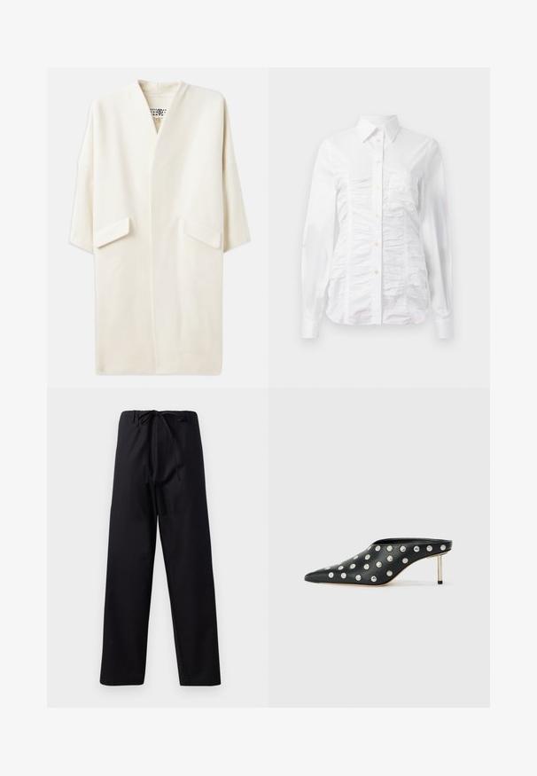 Cremefarvet midilængde frakke med en afslappet pasform, kimono-inspirerede ærmer og to forlommer. Blødt, glat stof, minimalistisk design.; Hvid skjorte med lange ærmer, der har en rynket tekstur på fronten, små gyldne knapper og en klassisk krave.; Sorte, mellemvægtige bukser med snøre i taljen, lige ben design og ingen synlige mønstre eller accenter. Glat tekstur.; STAND STUDIO KELSEY - Mules med hæl - black