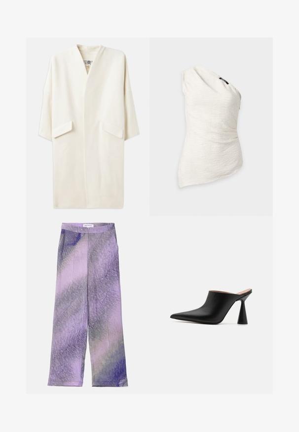 Cremefarvet midilængde frakke med en afslappet pasform, kimono-inspirerede ærmer og to forlommer. Blødt, glat stof, minimalistisk design.; Hvid asymmetrisk tekstureret tanktop med enkelt skulder og let rynkning samt lille sort mærke tæt på halsudskæringen.; Vidde bukser i let stof med et gradientmønster i lilla og lavendel samt en subtil tekstur. Forstærket talje med knap.; Sorte lædermules med spids tå og en unik kegleformet hæl. Glat tekstur og minimalistisk design, åben bagside for nem påtagning.