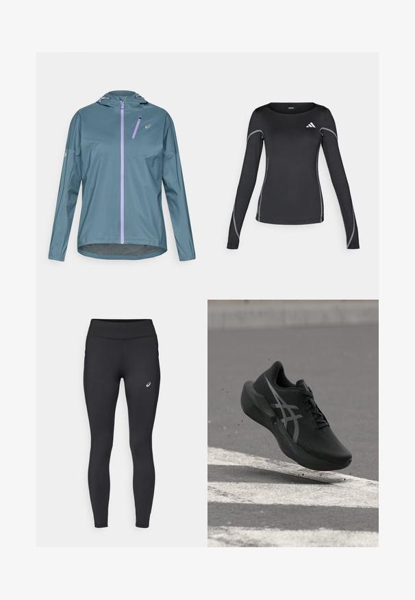 Veste de course légère couleur sarcelle avec une fermeture éclair violette, une capuche ajustable et des poignets élastiques. Dispose d'une petite poche zippée sur la poitrine.; T-shirt de sport noir à manches longues avec un col rond et des coutures réfléchissantes argentées. Il présente un petit logo blanc en haut à gauche.; ASICS CORE WINTER - Collants hiver - performance black; Chaussure de course noire avec logo blanc en plein air au-dessus de l'asphalte avec marquage routier blanc et petits débris soulevés en dessous.
