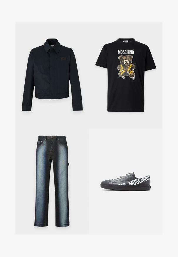 Μαύρο μπουφάν Versace Jeans Couture με μακριά μανίκια, μυτερό γιακά, κρυφό μπροστινό κλείσιμο και λογότυπο στο στήθος στη δεξιά πλευρά.; Μαύρο μπλουζάκι Moschino με γραφικό αρκουδάκι τυλιγμένο με κίτρινη μεζούρα και το όνομα της μάρκας τυπωμένο από πάνω.; Σκούρο μπλε τζιν με σχέδιο ombre, που μεταβαίνει από βαθύ μαύρο σε πιο ανοιχτό μπλε, με κλασικό στυλ πέντε τσεπών και ελαφρύ πλύσιμο.; Μαύρο αθλητικό παπούτσι χαμηλού τύπου με λευκά κορδόνια και τη λέξη "MOSCHINO" τυπωμένη με μεγάλα λευκά γράμματα κατά μήκος της πλευράς και της φτέρνας.