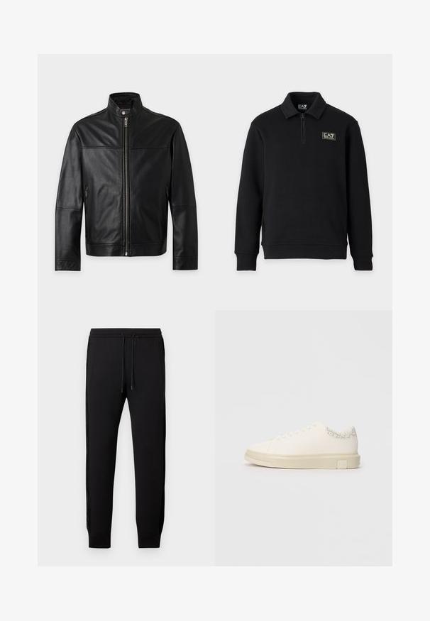 Veste en cuir noire avec col montant, fermeture éclair complète à l'avant, fermeture par bouton-pression et poches latérales zippées, présentée sur un fond uni.; Pull noir à manches longues avec une courte fermeture éclair sur le devant, des poignets côtelés et le logo EA7 Emporio Armani sur la poitrine gauche et l’étiquette du col.; Pantalon de jogging noir avec taille à cordon, poignets élastiques, poches latérales et bandes en satin le long des coutures extérieures.; Sneaker blanc avec une tige en toile lisse, des lacets plats, un col rembourré et un accent gris texturé à l'arrière. Semelle en caoutchouc épaisse.