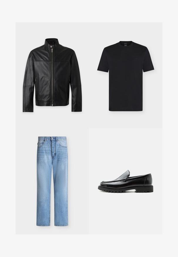 Veste en cuir noire avec col montant, fermeture éclair complète à l'avant, fermeture par bouton-pression et poches latérales zippées, présentée sur un fond uni.; T-shirt noir à manches courtes BOSS avec col rond, coupe régulière et logo subtilement embossé sur la poitrine gauche.; Jean droit en denim bleu clair avec fermeture par bouton et zip, poches avant et arrière, et passants de ceinture à la taille.; Mocassin en cuir noir avec semelle en caoutchouc épaisse, dessus cousu et nom de marque embossé sur le talon, présenté de profil sur fond blanc.